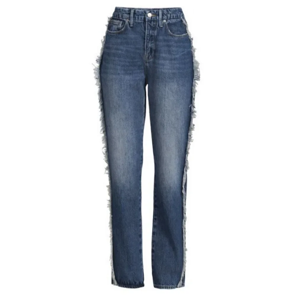 💕GOOD AMERICAN💕 Good Boy Side Frayed Straight Leg Jeans ~ Blue 818 8/29 NWT